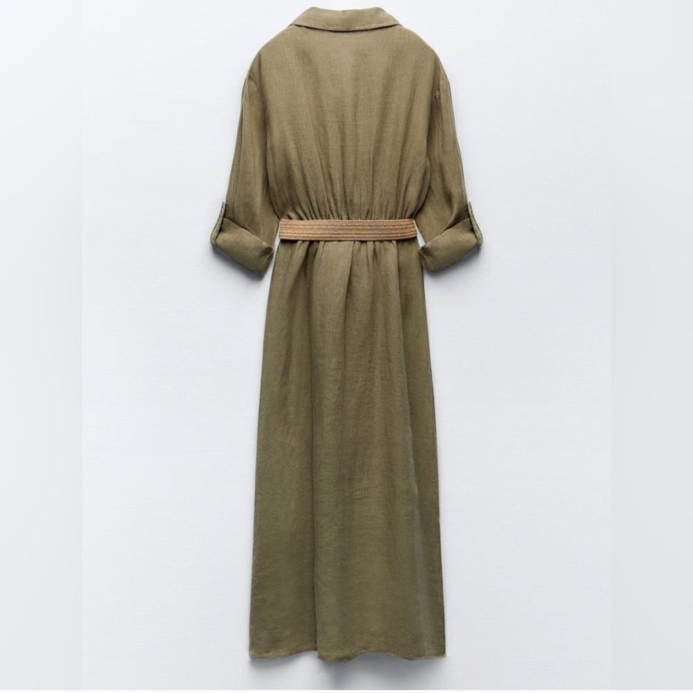 NWT ZARA Woman 100% Linen Belted Shirtdress | Olive Green | Size Small - Picture 3 of 6